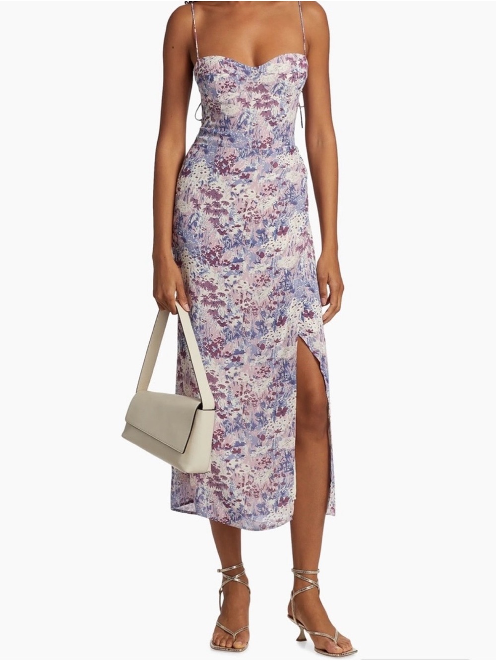 🌸 Reformation Kourtney Midi Dress w/ Slit– Pink, Purple, Lavender Floral–Size 2